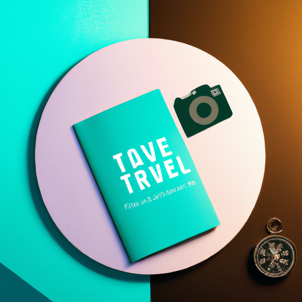 Close-up of a travel badge and folded guide on a table